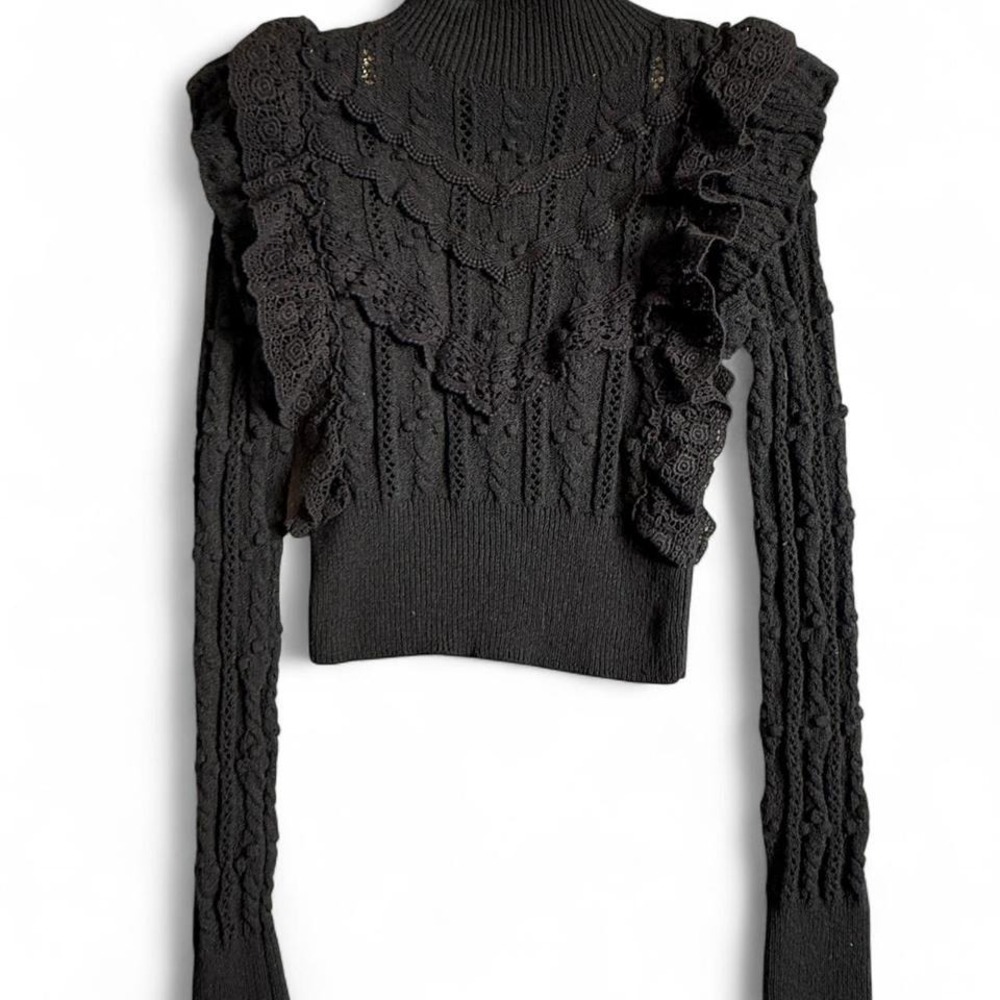 Zara Black Lace-Trim Cable Knit Ruffle Sweater